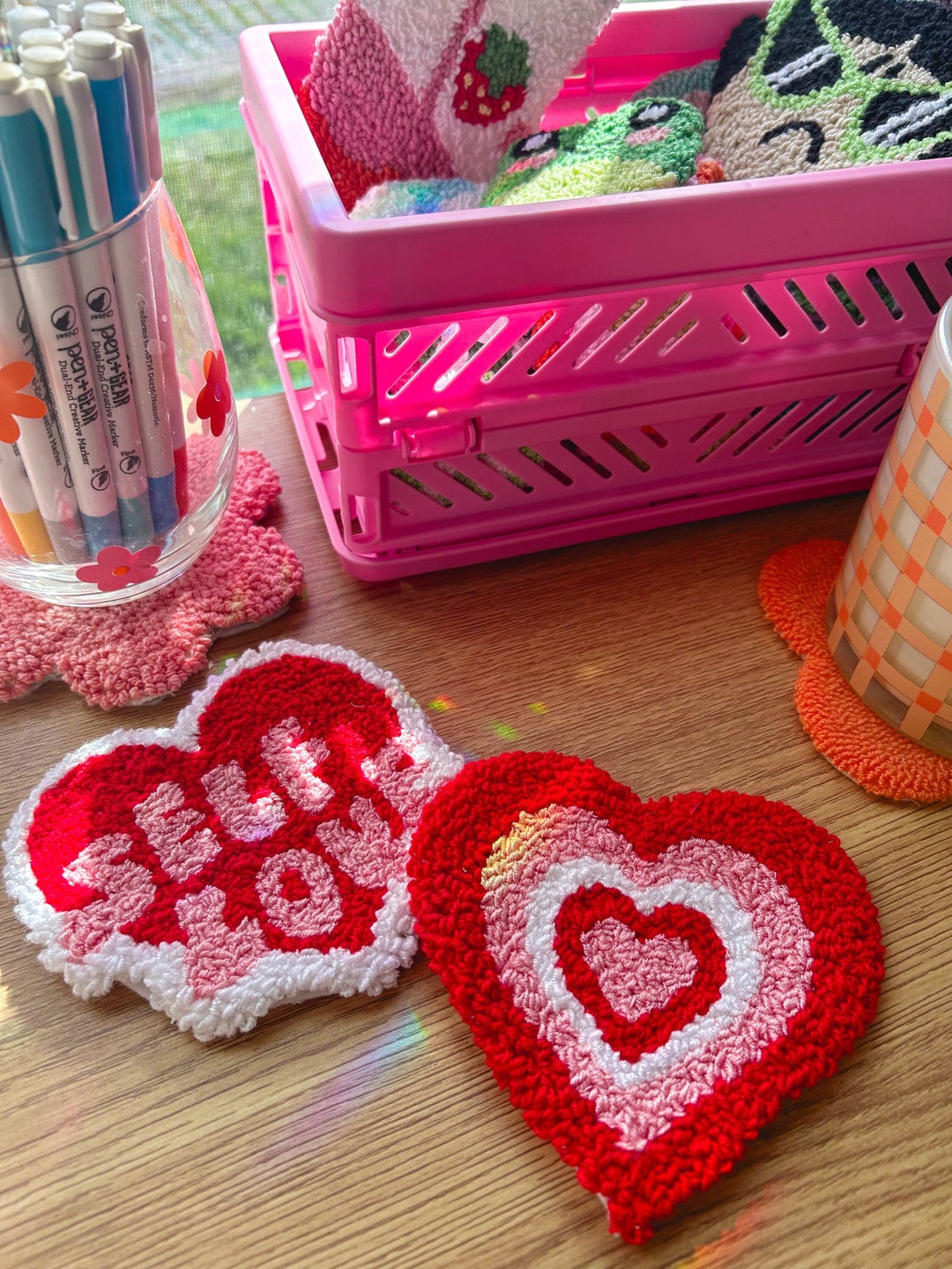 Valentines Day Mug Rugs Punch Needle Coaster Yarn Coasters Trendy Home