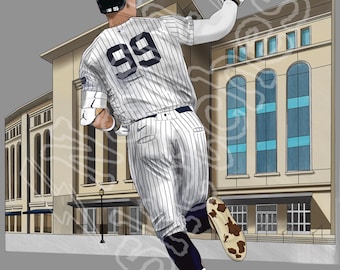 May include: A baseball player wearing a white and navy striped jersey with the number 99 on the back runs towards home plate. The player is wearing a black baseball cap with a white logo, white socks, and black and white sneakers. The player is running in front of a building with windows.