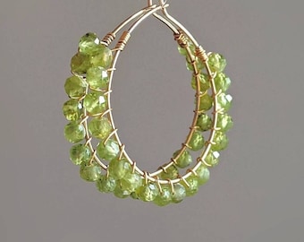 Natural Peridot Hoop Earrings Large Green Hoops Peridot Wrapped Earrings Green Stone Wrapped Hoops Peridot Jewellery August Birthstone