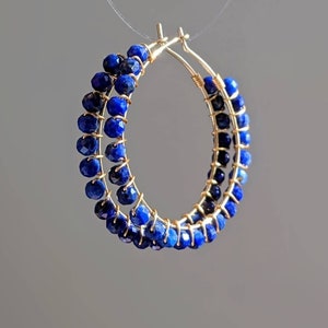 Large Lapis Lazuli Hoop Earrings in Silver or 14k Gold Lapis Lazuli Wire Wrapped Earrings September Birthstone Lapis Lazuli Jewellery