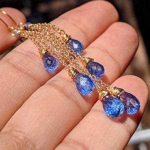 Gold Kyanite Earrings Blue Kyanite Earrings Long Blue Earrings Kyanite Dangle Earrings Elegant Blue Bridal Jewelry Chandelier Blue Earrings
