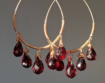 14K Garnet Hoops Garnet Large Dangle Hoops AAA+ Garnet Earrings Mozambique Garnet Earrings Red Gemstone Earrings Garnet Jewellery Red Hoops
