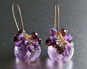 Natural Amethyst and Garnet Dangle Earrings Amethyst Cluster Earrings Big Amethyst Earrings Amethyst Gold Earrings 14K Amethyst Jewelry