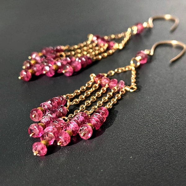 Gold Tourmaline Earrings, Pink Tourmaline Dangle Earrings, Pink Gemstone Earrings, Natural Pink Tourmaline Long Earrings, Tourmaline Jewelry