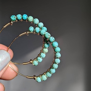 Peruvian Turquoise Hoop Earrings Turquoise Large Hoops Turquoise Wrapped Earrings Turquoise Big Hoops Turquoise Gold Earrings Turquoise Hoop
