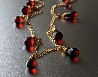 Gold Garnet Necklace, Garnet Drop Necklace, Red Gemstone Necklace, Garnet Chain Necklace, Pyrope Garnet Pendant, January Bithstone Jewellery