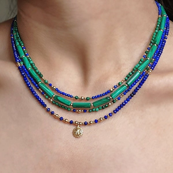 Collier en lapis-lazuli naturel Collier de perles en lapis-lazuli Collier en lapis-lazuli et malachite Collier superposé en lapis-lazuli Tour de cou en malachite