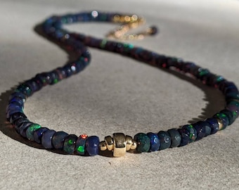 Black Fire Opal Necklace Ethiopian Black Opal Necklace 14K Black Opal Necklace Black Fire Opal Beaded Necklace Solid Gold Opal Necklace
