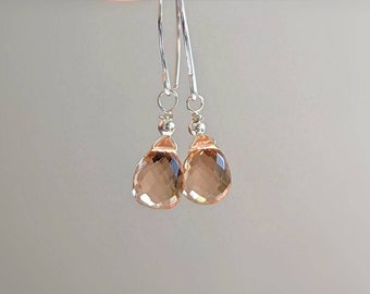 Morganite Dangle Earrings in Silver or Gold Morganite Hoops Quartz Earrings Morganite Earrings Wrapped Earrings Morganite Drop Earrings