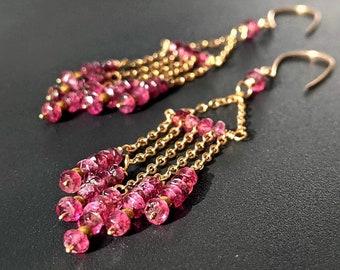 Gold Tourmaline Earrings, Pink Tourmaline Dangle Earrings, Pink Gemstone Earrings, Natural Pink Tourmaline Long Earrings, Tourmaline Jewelry