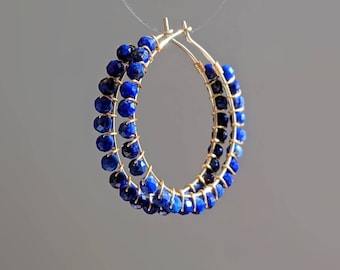 Large Lapis Lazuli Hoop Earrings in Silver or 14k Gold Lapis Lazuli Wire Wrapped Earrings September Birthstone Lapis Lazuli Jewellery