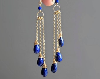 Gold Lapis Lazuli Earrings Lapis Lazuli Dangle Earrings Lapis Lazuli Long Earrings Blue Gemstone Earrings 9th Anniversary Gift for Her