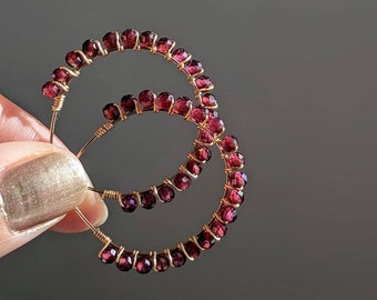 Natural Garnet Hoop Earrings Gold Garnet Earrings Garnet Hoop Earrings January Birthstone Red Gemstone Earrings Garnet Wirewrapped Hoops