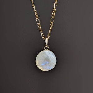 Natural Moonstone Round Gold Filled Necklace, Rainbow Moonstone Cabochon Pendant, Moonstone Jewellery, Handmade in Australia, Free Shipping