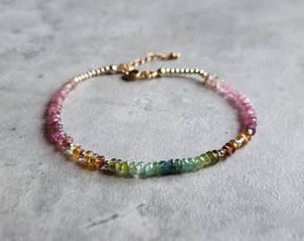 Natural Tourmaline Gold Bracelet Multicoulored Tourmaline Beaded Bracelet 14K Tourmaline Bead Bracelet Multigemstone Jewellery Gift for Her