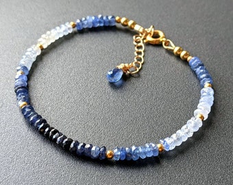 Blue Sapphire Bracelet, 14k Gold Sapphire Bracelet, Blue Sapphire Ombre Bracelet, Blue Gemstone Bracelet,Kyanite Bracelet,Sapphire Jewellery