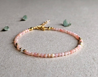 Pulsera de ópalo dorado Pulsera de ópalo rosa Pulsera de cuentas de ópalo Joyería de ópalo rosa Pulsera de ópalo rosa peruano Pulsera delgada de ópalo