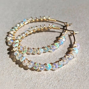 14K Gold Opal Hoop Earrings Ethiopian Opal Hoop Wrapped Earrings Genuine Opal Earrings Opal Wire Wrapped Earrings Opal Jewellery