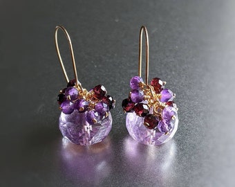 Natural Amethyst and Garnet Dangle Earrings Amethyst Cluster Earrings Big Amethyst Earrings Amethyst Gold Earrings 14K Amethyst Jewelry Red