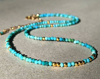 Natural Turquoise Necklace, Turquoise Bead Necklace,Turquoise Gold and Silver Necklace,Genuine Turquoise Jewellery,Skinny Turquoise Necklace