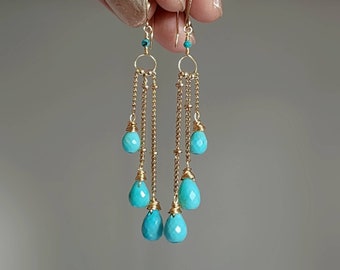 Natural Turquoise Long Earrings Turquoise Cascade Dangle Earrings Gold Turquoise Cluster Turquoise Earrings Genuine 14K Turquoise Jewelry