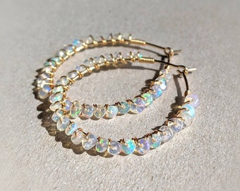 14K Gold Opal Hoop Earrings Ethiopian Opal Hoop Wrapped Earrings Genuine Opal Earrings Opal Wire Wrapped Earrings Opal Jewellery