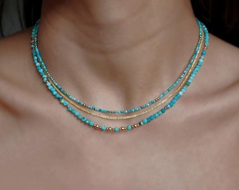 Collar de turquesa natural, collar de cuentas de turquesa, collar de oro y plata con turquesa, joyería de turquesa auténtica, collar delgado de turquesa