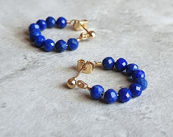 Natural Lapis Lazuli Stud Earrings Gold Lapis Lazuli Earrings Blue Hoop Earrings Lapis Lazuli Small Hoops Blue Bead Creoles 14K Lapis Lazuli