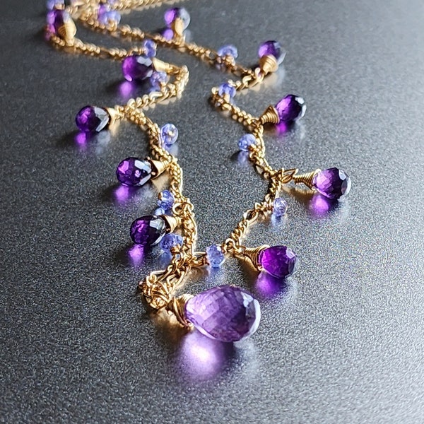 Gold Amethyst Necklace Amethyst Drop Necklace Purple Gemstone Necklace Amethyst Chain Necklace Amethyst and Tanzanite Choker Purple Collar