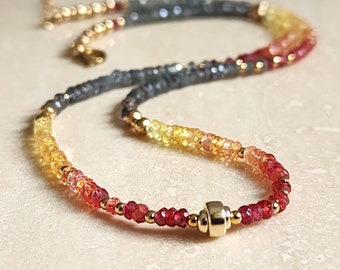 Collana con zaffiri multicolori, collana con perline di zaffiro, girocollo con zaffiri 14K, collana con zaffiri in oro, collana con perline di zaffiro, zaffiro sfumato