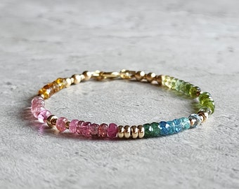 Natural Tourmaline Gold Bracelet Multicoulored Tourmaline Beaded Bracelet 14K Tourmaline Bead Bracelet Multigemstone Jewellery Gift for Her
