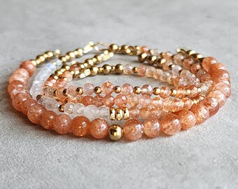 Pulsera de cuentas de piedra solar Pulsera de piedra solar natural Pulsera de oro naranja Joyería de piedra solar de 14 quilates Pulsera de piedra lunar de piedra solar Piedra solar llamativa