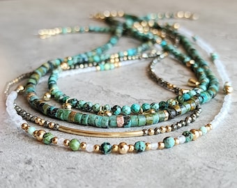 Natural Turquoise Necklace African Turquoise Bead Necklace Turquoise Moonstone Necklace Turquoise Stacking Necklace Turquoise Pyrite Choker