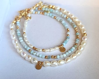 Natural Larimar Bracelet Larimar and Pearl Bracelet Larimar 14K Bead Bracelet Set Larimar Pearl Multistrand Bracelet Larimar Stone Bracelet