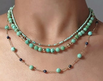 Collar de turquesa natural, collar de cuentas de turquesa de 14 quilates, collar de múltiples hilos de turquesa, collar de cuentas de turquesa, joyería de turquesa peruana
