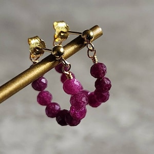 May include: A pair of gold hoop earrings with a row of deep purple faceted beads.