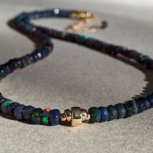 Black Fire Opal Necklace Ethiopian Black Opal Necklace 14K Black Opal Necklace Black Fire Opal Beaded Necklace Solid Gold Opal Necklace