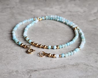 Gold Larimar Beaded Necklace Natural Larimar Necklace Genuine Larimar Necklace Dominican Republic Larimar Choker Larimar 3MM Bead Necklace