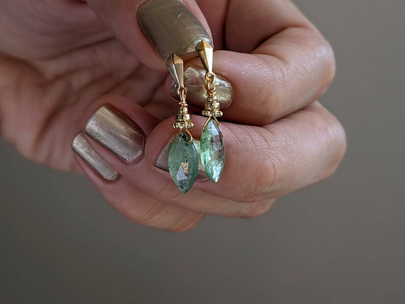 Green Kyanite Gold Earrings, 14K Kyanite Earrings, Green Gemstone Earrings,Marquise Gemstone Earrings,Marquise Studs Earrings,Kyanite Studs image 3