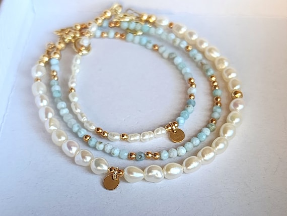 Natural Larimar Bracelet Larimar and Pearl Bracelet Larimar 14K Bead Bracelet Set Larimar Pearl Multistrand Bracelet Larimar Stone Bracelet