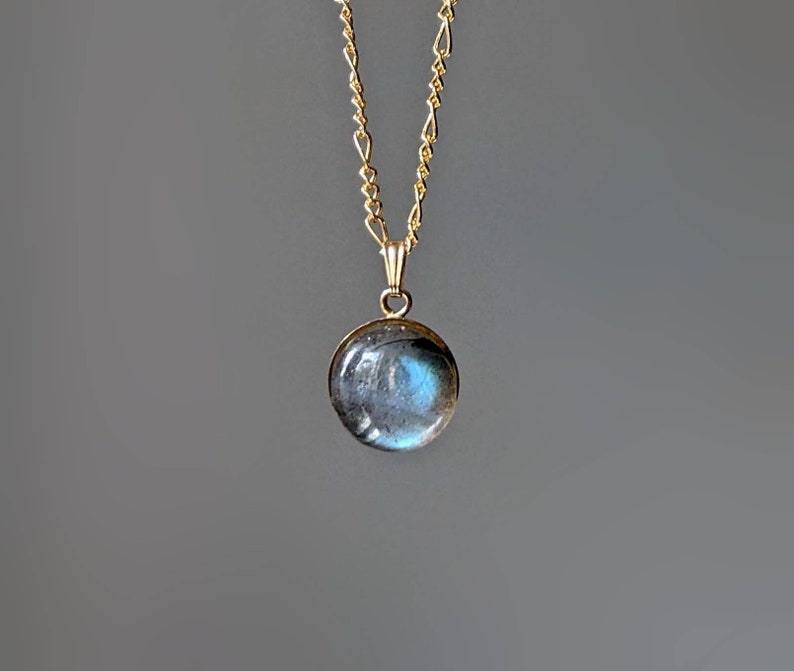 Gold Labradorite Necklace Labradorite Round Pendant Blue Flash Labradorite Pendant 14K Gemstone Necklace Natural Labradorite Necklace image 1