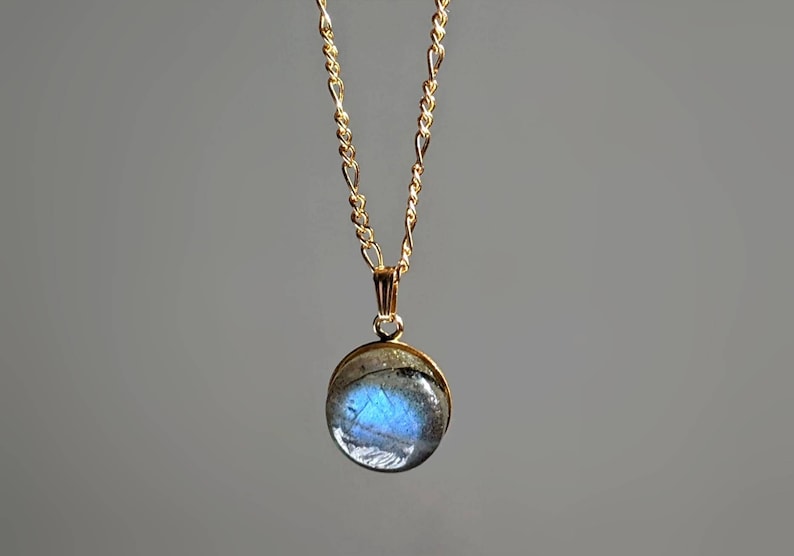 Gold Labradorite Necklace Labradorite Round Pendant Blue Flash Labradorite Pendant 14K Gemstone Necklace Natural Labradorite Necklace image 7