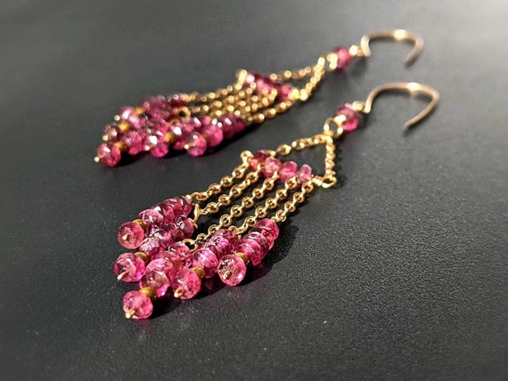 Gold Tourmaline Earrings Pink Tourmaline Dangle Earrings Pink Gemstone Earrings Natural Pink Tourmaline Long Earrings Tourmaline Jewelry