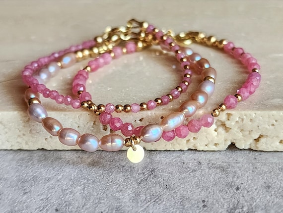 Natural Rhodonite Bracelet Pink Stone Beaded Bracelet Pearl and Pink 14K Bracelet Pink Gemstone Bracelet Stacking Pink Bracelet For Her