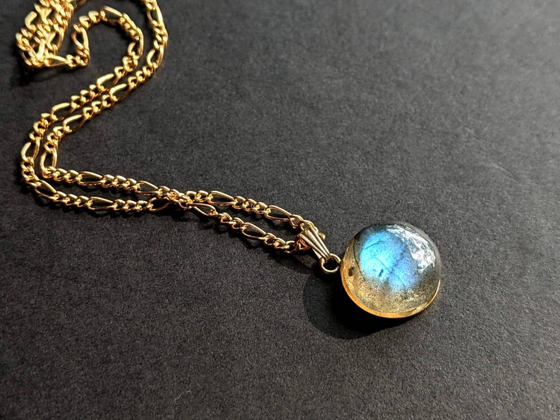 Gold Labradorite Necklace Labradorite Round Pendant Blue Flash Labradorite Pendant 14K Gemstone Necklace Natural Labradorite Necklace image 6