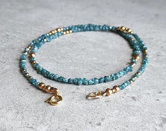 Natural Diamond Necklace Blue Diamond Bead Necklace Raw Diamond Necklace Gold Diamond Choker Blue Diamond Jewellery Genuine Diamond Collar