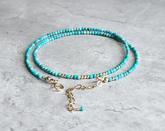 Collar de turquesa natural, collar de cuentas de turquesa, collar de oro y plata con turquesa, joyería de turquesa genuina, collar delgado de turquesa