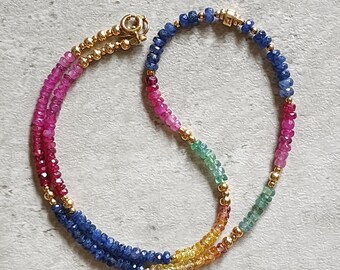 Collana con perline multizaffiro, girocollo con zaffiro multicolore, collana con perline di zaffiro, girocollo con zaffiro 14K, collana con pietre preziose multigradienti