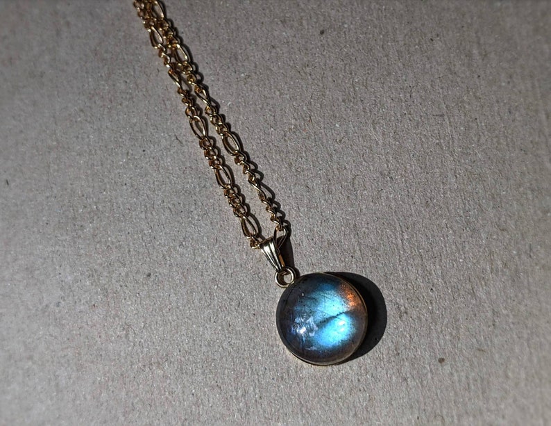 Gold Labradorite Necklace Labradorite Round Pendant Blue Flash Labradorite Pendant 14K Gemstone Necklace Natural Labradorite Necklace image 9