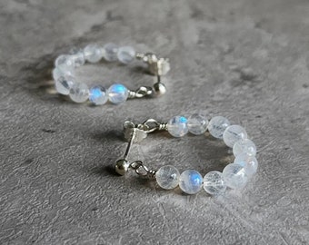 Moonstone Mini Hoops Fashy Moonstone Earrings Natural Moonstone Earrings Moonstone Studs White Mini Hoops Blue Flash Moonstone Earrings